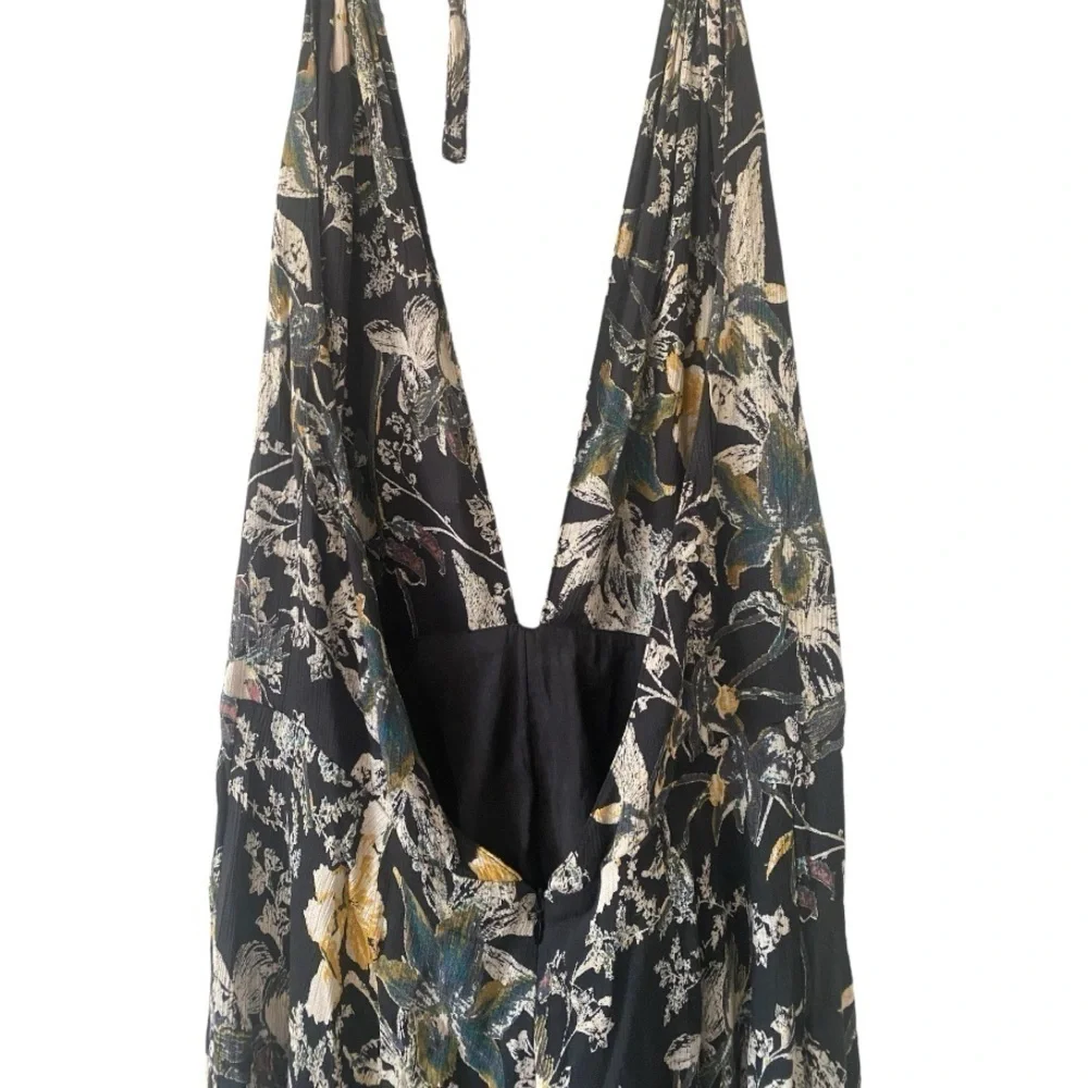 Free People Black Floral Twisted One Piece Halter Cropped Jumpsuit